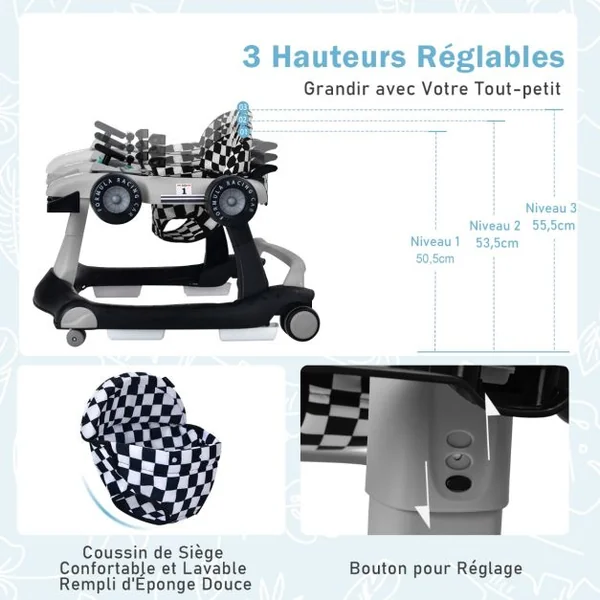 Trotteur Pliable 4 en 1 Pousseur Hauteur et Vitesse Réglables Boîte à Musique avec Lumière Volant Apparence de Voiture Gris