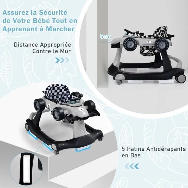 Trotteur Pliable 4 en 1 Pousseur Hauteur et Vitesse Réglables Boîte à Musique avec Lumière Volant Apparence de Voiture Gris