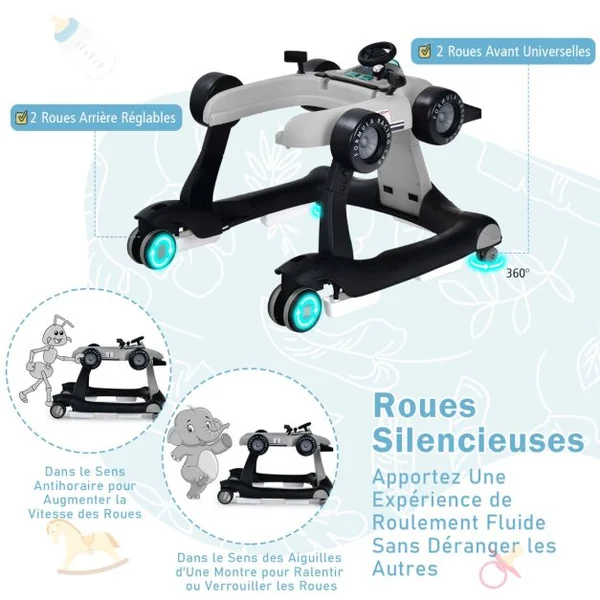 Trotteur Pliable 4 en 1 Pousseur Hauteur et Vitesse Réglables Boîte à Musique avec Lumière Volant Apparence de Voiture Gris