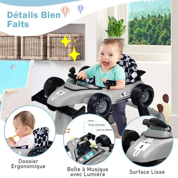 Trotteur Pliable 4 en 1 Pousseur Hauteur et Vitesse Réglables Boîte à Musique avec Lumière Volant Apparence de Voiture Gris