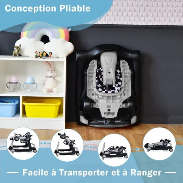 Trotteur Pliable 4 en 1 Pousseur Hauteur et Vitesse Réglables Boîte à Musique avec Lumière Volant Apparence de Voiture Gris
