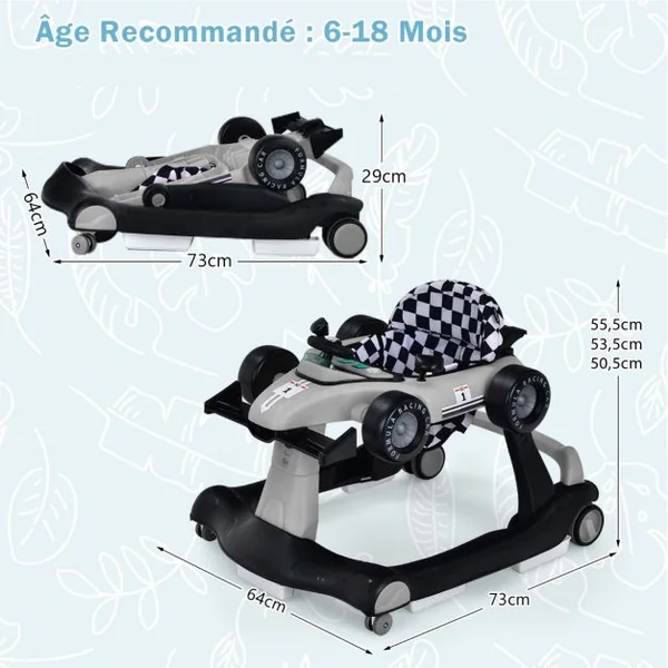 Trotteur Pliable 4 en 1 Pousseur Hauteur et Vitesse Réglables Boîte à Musique avec Lumière Volant Apparence de Voiture Gris
