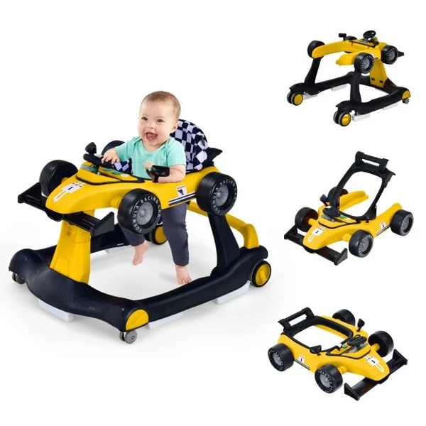 Trotteur Pliable 4 en 1 Pousseur Hauteur et Vitesse Réglables Boîte à Musique avec Lumière Volant Apparence de Voiture Jaune