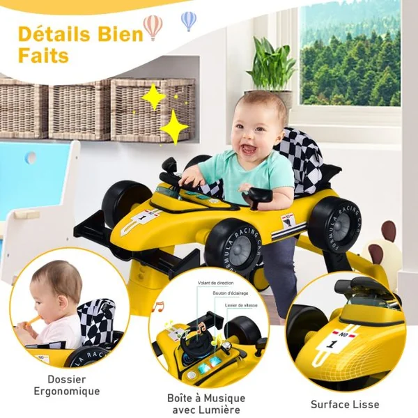 Trotteur Pliable 4 en 1 Pousseur Hauteur et Vitesse Réglables Boîte à Musique avec Lumière Volant Apparence de Voiture Jaune