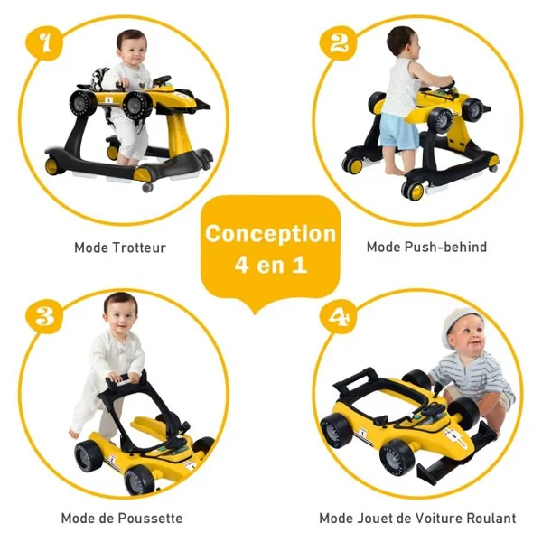 Trotteur Pliable 4 en 1 Pousseur Hauteur et Vitesse Réglables Boîte à Musique avec Lumière Volant Apparence de Voiture Jaune