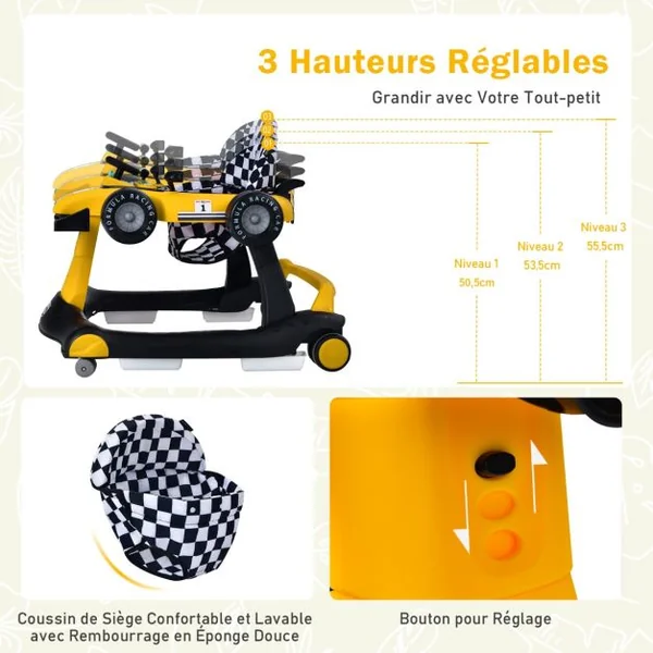 Trotteur Pliable 4 en 1 Pousseur Hauteur et Vitesse Réglables Boîte à Musique avec Lumière Volant Apparence de Voiture Jaune