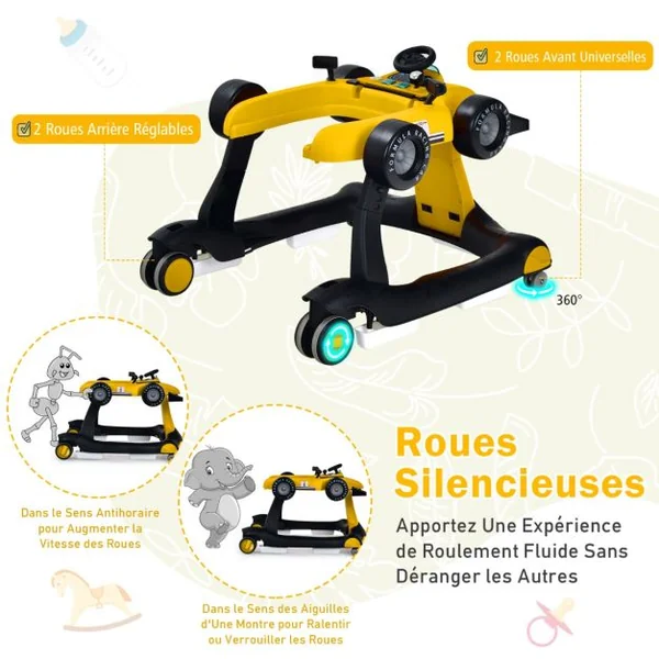 Trotteur Pliable 4 en 1 Pousseur Hauteur et Vitesse Réglables Boîte à Musique avec Lumière Volant Apparence de Voiture Jaune