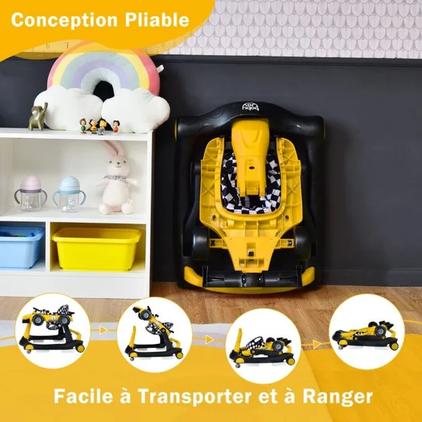 Trotteur Pliable 4 en 1 Pousseur Hauteur et Vitesse Réglables Boîte à Musique avec Lumière Volant Apparence de Voiture Jaune