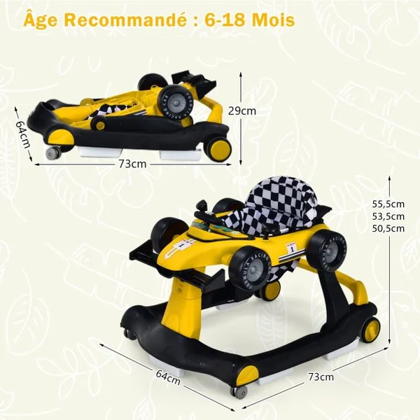 Trotteur Pliable 4 en 1 Pousseur Hauteur et Vitesse Réglables Boîte à Musique avec Lumière Volant Apparence de Voiture Jaune