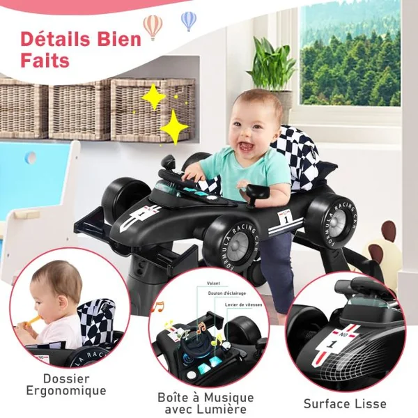 Trotteur Pliable 4 en 1 Pousseur Hauteur et Vitesse Réglables Boîte à Musique avec Lumière Volant Apparence de Voiture Noir