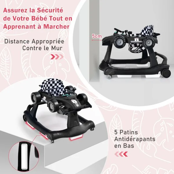 Trotteur Pliable 4 en 1 Pousseur Hauteur et Vitesse Réglables Boîte à Musique avec Lumière Volant Apparence de Voiture Noir