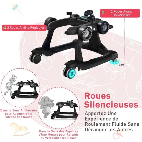 Trotteur Pliable 4 en 1 Pousseur Hauteur et Vitesse Réglables Boîte à Musique avec Lumière Volant Apparence de Voiture Noir