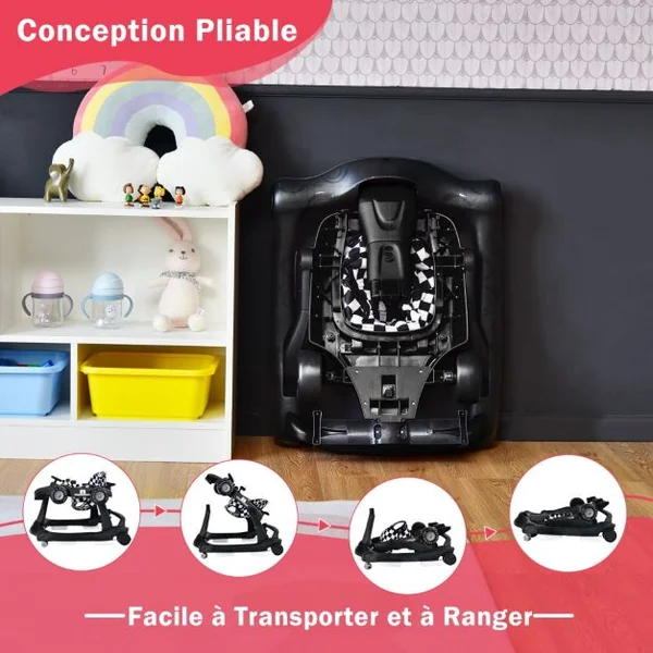 Trotteur Pliable 4 en 1 Pousseur Hauteur et Vitesse Réglables Boîte à Musique avec Lumière Volant Apparence de Voiture Noir