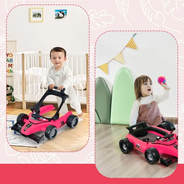 Trotteur Pliable 4 en 1 Pousseur Hauteur et Vitesse Réglables Boîte à Musique avec Lumière Volant Apparence de Voiture Noir + Rose