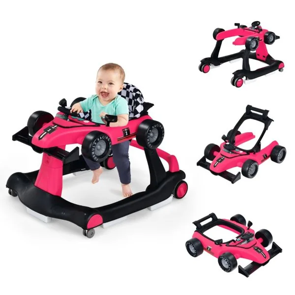 Trotteur Pliable 4 en 1 Pousseur Hauteur et Vitesse Réglables Boîte à Musique avec Lumière Volant Apparence de Voiture Noir + Rose