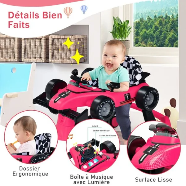 Trotteur Pliable 4 en 1 Pousseur Hauteur et Vitesse Réglables Boîte à Musique avec Lumière Volant Apparence de Voiture Noir + Rose