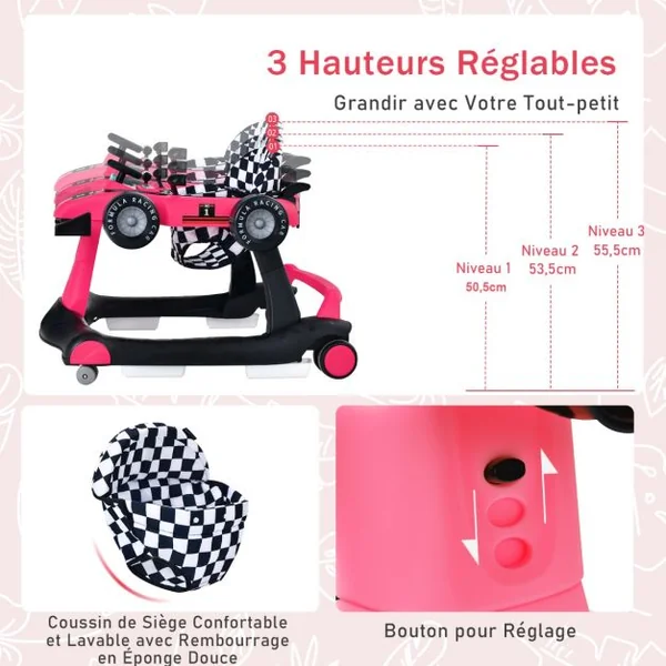 Trotteur Pliable 4 en 1 Pousseur Hauteur et Vitesse Réglables Boîte à Musique avec Lumière Volant Apparence de Voiture Noir + Rose