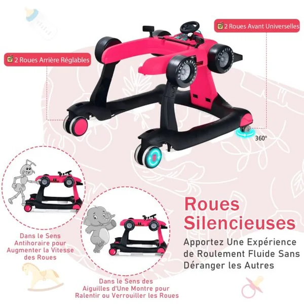 Trotteur Pliable 4 en 1 Pousseur Hauteur et Vitesse Réglables Boîte à Musique avec Lumière Volant Apparence de Voiture Noir + Rose