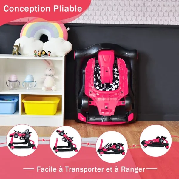Trotteur Pliable 4 en 1 Pousseur Hauteur et Vitesse Réglables Boîte à Musique avec Lumière Volant Apparence de Voiture Noir + Rose