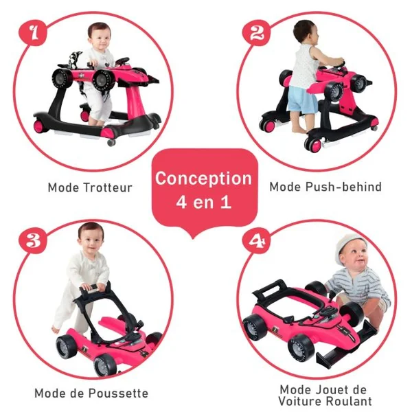 Trotteur Pliable 4 en 1 Pousseur Hauteur et Vitesse Réglables Boîte à Musique avec Lumière Volant Apparence de Voiture Noir + Rose