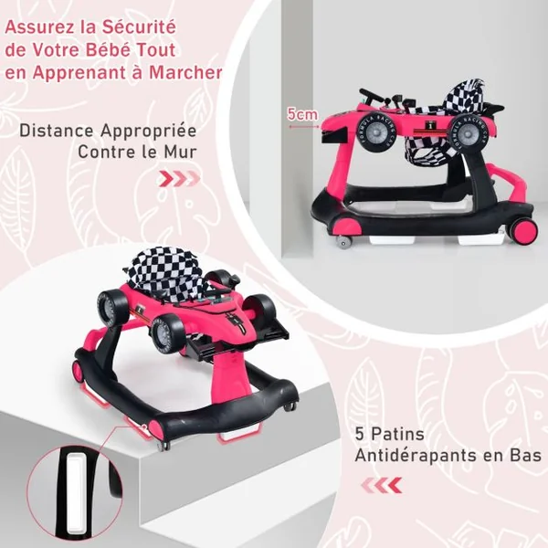 Trotteur Pliable 4 en 1 Pousseur Hauteur et Vitesse Réglables Boîte à Musique avec Lumière Volant Apparence de Voiture Noir + Rose