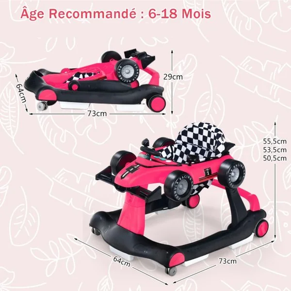 Trotteur Pliable 4 en 1 Pousseur Hauteur et Vitesse Réglables Boîte à Musique avec Lumière Volant Apparence de Voiture Noir + Rose
