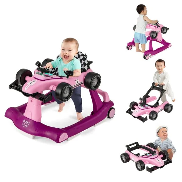 Trotteur Pliable 4 en 1 Pousseur Hauteur et Vitesse Réglables Boîte à Musique avec Lumière Volant Apparence de Voiture Violet