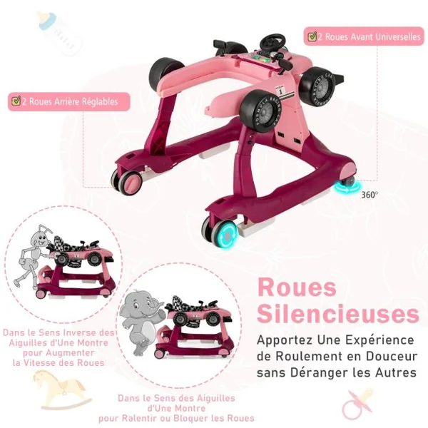 Trotteur Pliable 4 en 1 Pousseur Hauteur et Vitesse Réglables Boîte à Musique avec Lumière Volant Apparence de Voiture Violet