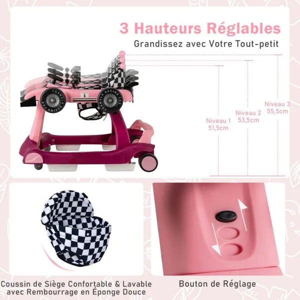 Trotteur Pliable 4 en 1 Pousseur Hauteur et Vitesse Réglables Boîte à Musique avec Lumière Volant Apparence de Voiture Violet