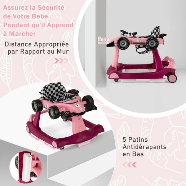 Trotteur Pliable 4 en 1 Pousseur Hauteur et Vitesse Réglables Boîte à Musique avec Lumière Volant Apparence de Voiture Violet