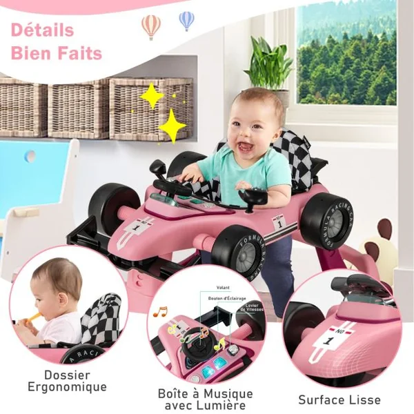 Trotteur Pliable 4 en 1 Pousseur Hauteur et Vitesse Réglables Boîte à Musique avec Lumière Volant Apparence de Voiture Violet