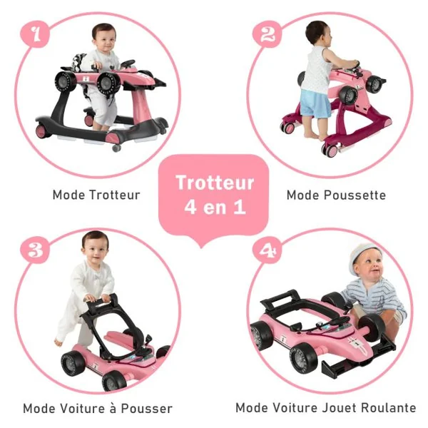 Trotteur Pliable 4 en 1 Pousseur Hauteur et Vitesse Réglables Boîte à Musique avec Lumière Volant Apparence de Voiture Violet