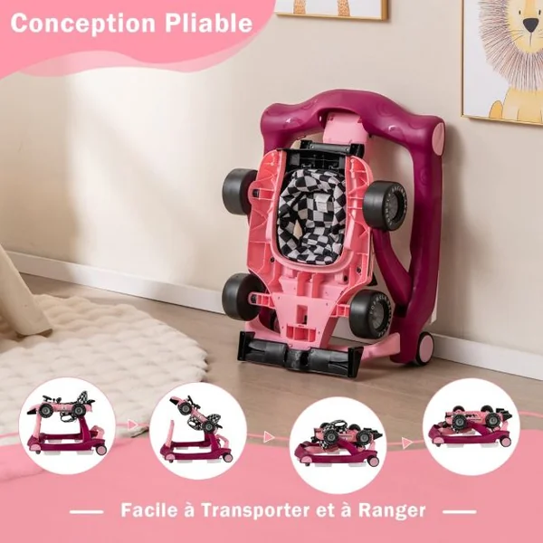 Trotteur Pliable 4 en 1 Pousseur Hauteur et Vitesse Réglables Boîte à Musique avec Lumière Volant Apparence de Voiture Violet