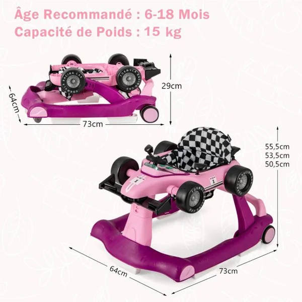 Trotteur Pliable 4 en 1 Pousseur Hauteur et Vitesse Réglables Boîte à Musique avec Lumière Volant Apparence de Voiture Violet
