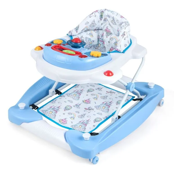 Trotteur Évolutif avec Lumière&Musique Trotteur Marche Pliable avec 3 Hauteur Réglable Charge 12 kg pour Bébé de 6 Mois + Bleu/Gris/Rose/Vert