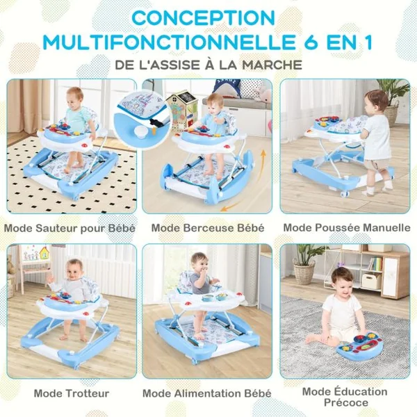 Trotteur Évolutif avec Lumière&Musique Trotteur Marche Pliable avec 3 Hauteur Réglable Charge 12 kg pour Bébé de 6 Mois + Bleu/Gris/Rose/Vert