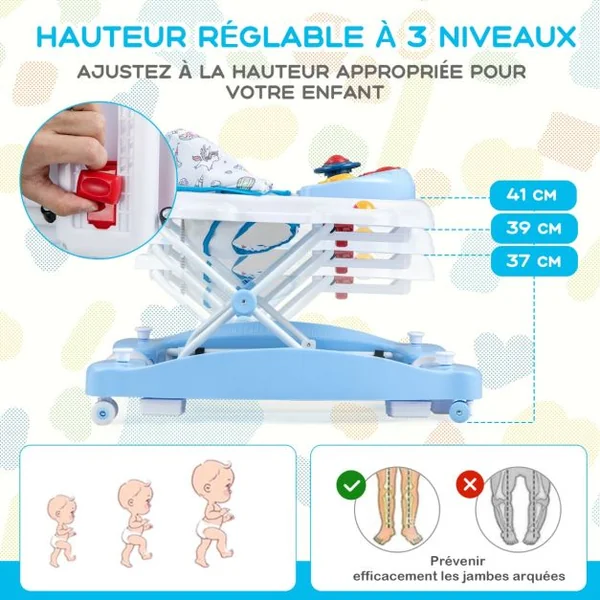 Trotteur Évolutif avec Lumière&Musique Trotteur Marche Pliable avec 3 Hauteur Réglable Charge 12 kg pour Bébé de 6 Mois + Bleu/Gris/Rose/Vert