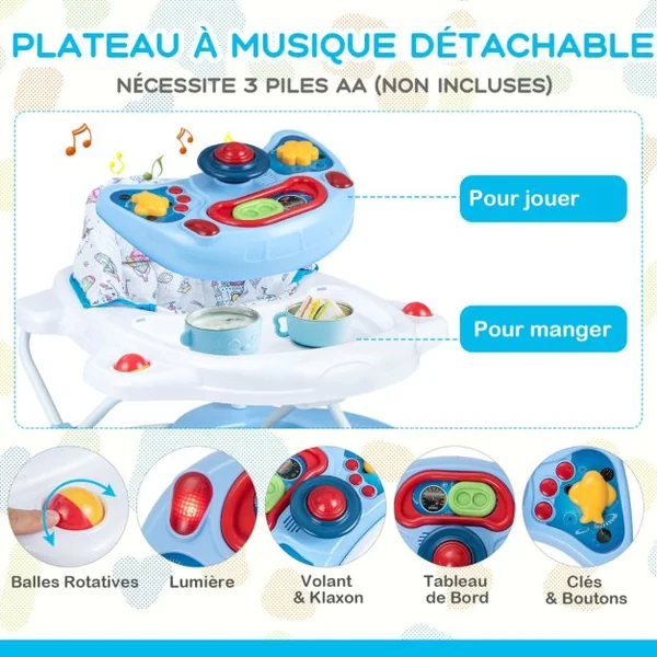 Trotteur Évolutif avec Lumière&Musique Trotteur Marche Pliable avec 3 Hauteur Réglable Charge 12 kg pour Bébé de 6 Mois + Bleu/Gris/Rose/Vert