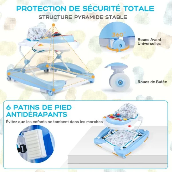 Trotteur Évolutif avec Lumière&Musique Trotteur Marche Pliable avec 3 Hauteur Réglable Charge 12 kg pour Bébé de 6 Mois + Bleu/Gris/Rose/Vert