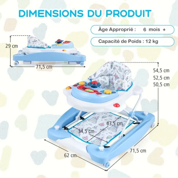 Trotteur Évolutif avec Lumière&Musique Trotteur Marche Pliable avec 3 Hauteur Réglable Charge 12 kg pour Bébé de 6 Mois + Bleu/Gris/Rose/Vert