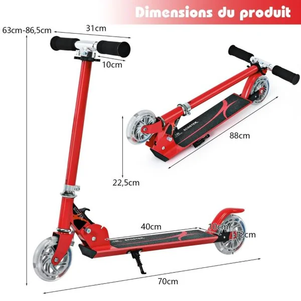 Trottinette Enfant 2 Roues Patinette Enfant Pliable Scooter Enfant Kick avec LED Lumière Hauteur Réglable Bleu/Bleu Foncé/Rose/Rouge/Violet/Jaune