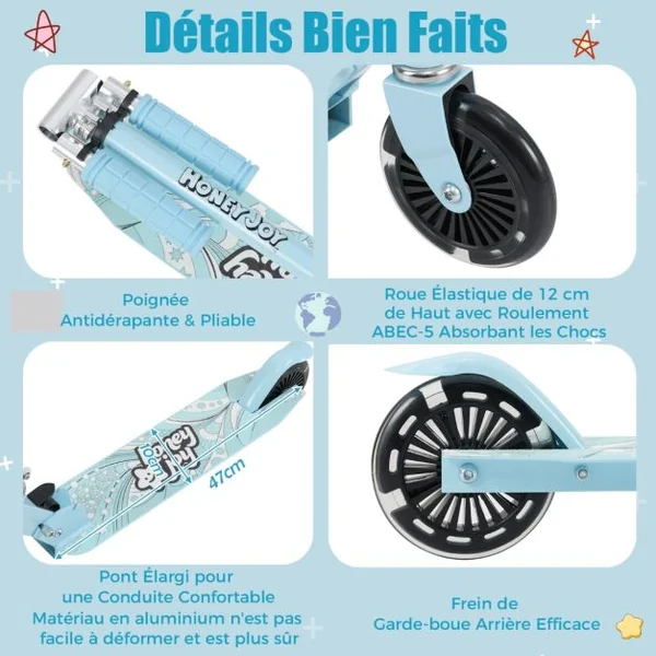 Trottinette Enfant Pliable 2 Roues Clignotantes Automatiques Hauteur Réglable Poignée TPR Alliage d'Aluminium 3-8 Ans 5 Couleurs au Choix
