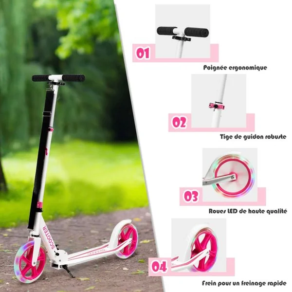 Trottinette Enfant Pliable avec 2 Roues Clignotantes&Guidon Réglable Trottinette Freestyle avec Plateforme Antidérapante Charge 110kg Rose
