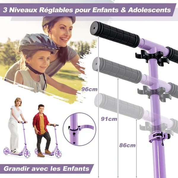 Trottinette Enfant Pliable avec 2 Roues Clignotantes&Guidon Réglable Trottinette Freestyle avec Plateforme Antidérapante Charge 110kg Violet