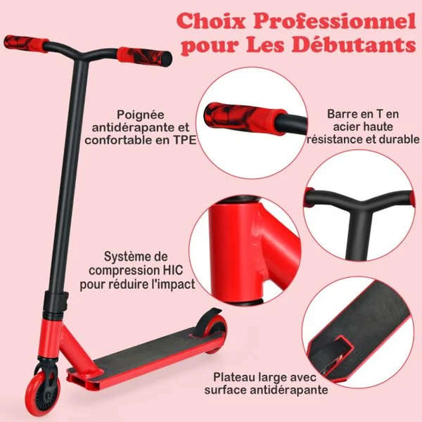 Trottinette Enfants 2 Roues Système de Compression HIC Roulements ABEC-9 Plateforme en Aluminium 7 Ans Charge 100KG Rouge