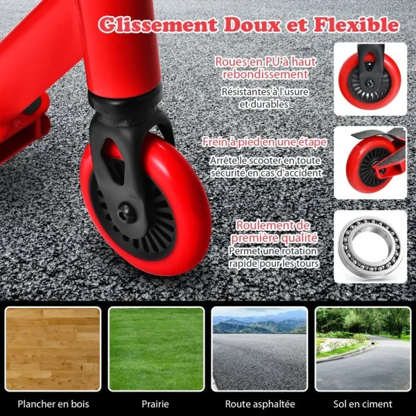 Trottinette Enfants 2 Roues Système de Compression HIC Roulements ABEC-9 Plateforme en Aluminium 7 Ans Charge 100KG Rouge