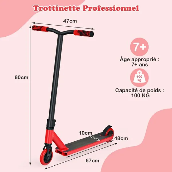 Trottinette Enfants 2 Roues Système de Compression HIC Roulements ABEC-9 Plateforme en Aluminium 7 Ans Charge 100KG Rouge