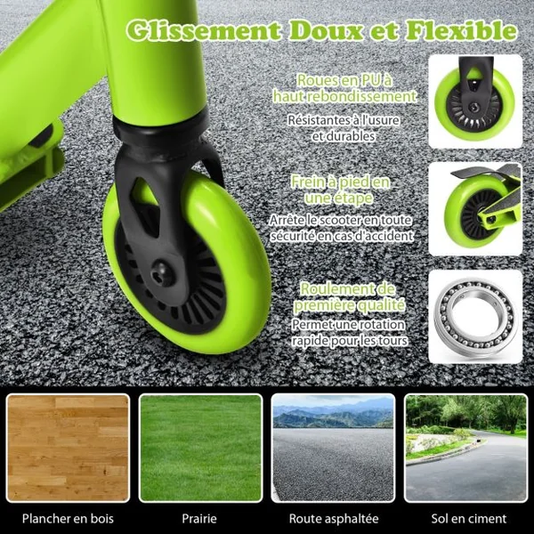 Trottinette Enfants 2 Roues Système de Compression HIC Roulements ABEC-9 Plateforme en Aluminium 7 Ans Charge 100KG Vert