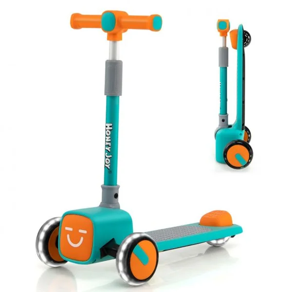 Trottinette Enfants Pliante 3 Roues PU Flash Hauteur Réglable 3-6 ans 4 Coques avant Emojis Charge max : 50 KG Vert