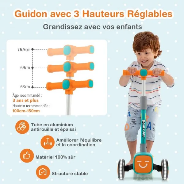 Trottinette Enfants Pliante 3 Roues PU Flash Hauteur Réglable 3-6 ans 4 Coques avant Emojis Charge max : 50 KG Vert